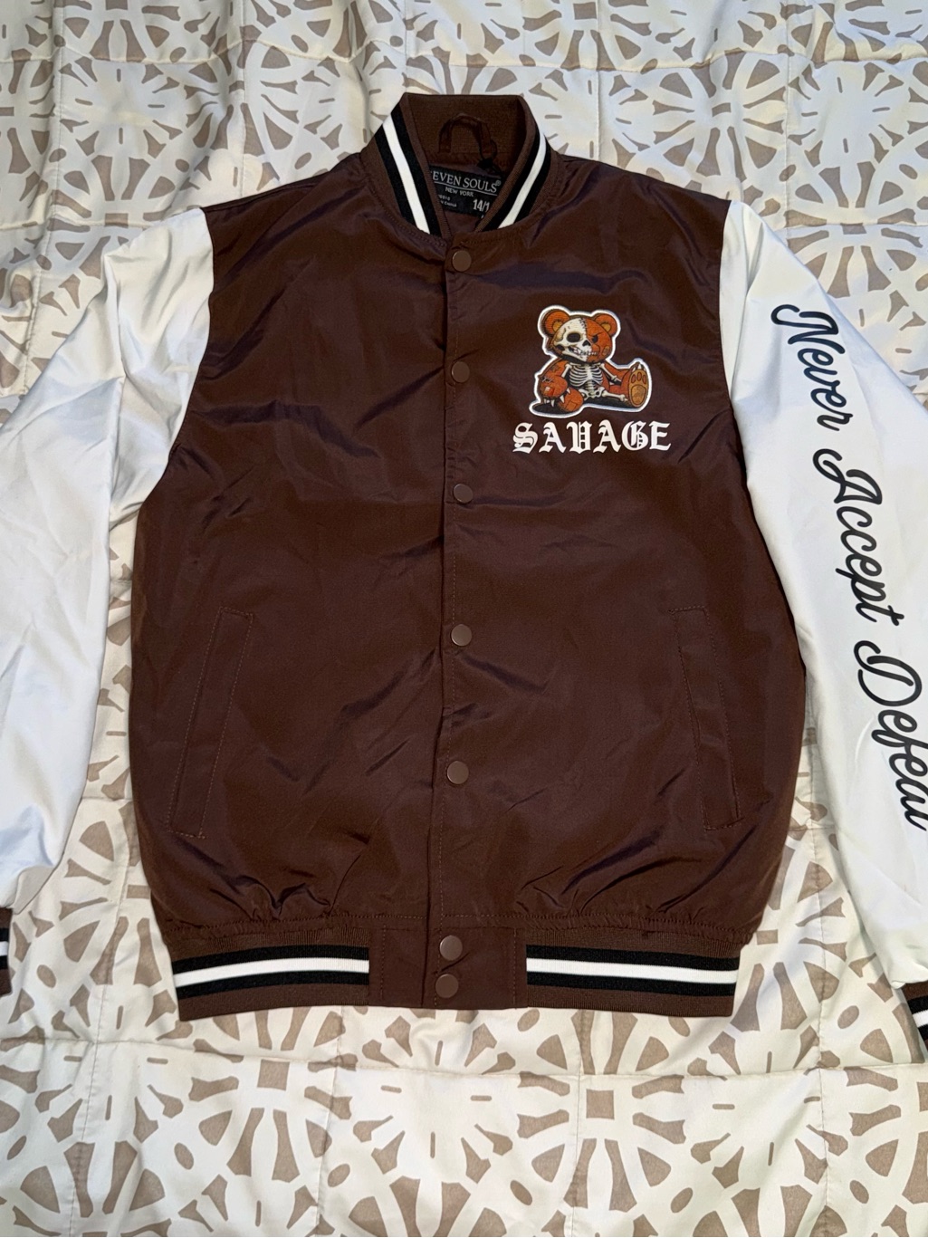 Varsity Jacket Snap Front Brown White Color Sleeve Embroidered - Kid Size 14/16